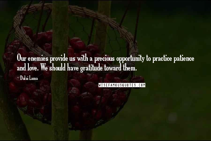 Dalai Lama Quotes: Our enemies provide us with a precious opportunity to practice patience and love. We should have gratitude toward them.