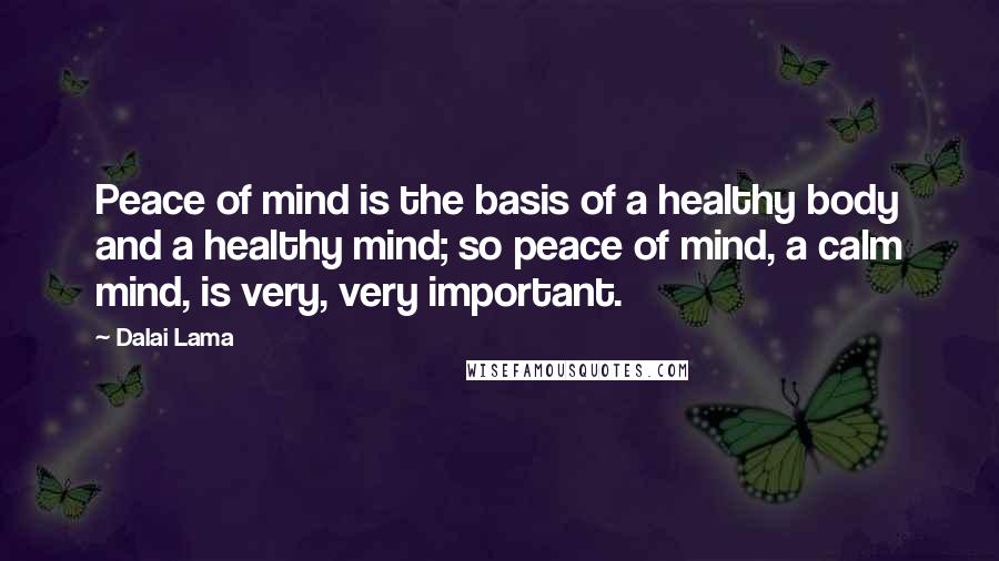 Dalai Lama Quotes: Peace of mind is the basis of a healthy body and a healthy mind; so peace of mind, a calm mind, is very, very important.