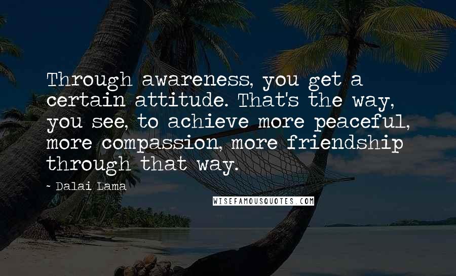 Dalai Lama Quotes: Through awareness, you get a certain attitude. That's the way, you see, to achieve more peaceful, more compassion, more friendship through that way.
