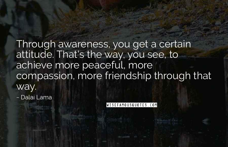 Dalai Lama Quotes: Through awareness, you get a certain attitude. That's the way, you see, to achieve more peaceful, more compassion, more friendship through that way.