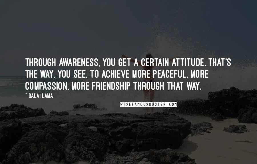 Dalai Lama Quotes: Through awareness, you get a certain attitude. That's the way, you see, to achieve more peaceful, more compassion, more friendship through that way.