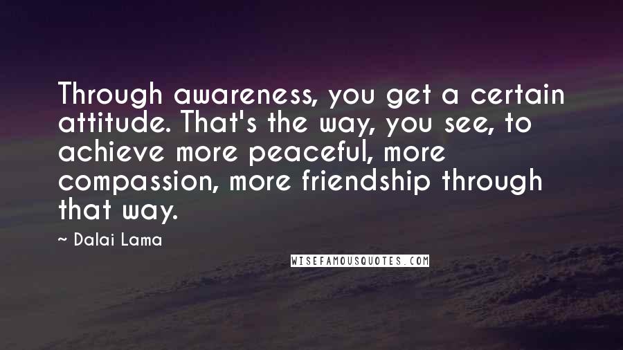 Dalai Lama Quotes: Through awareness, you get a certain attitude. That's the way, you see, to achieve more peaceful, more compassion, more friendship through that way.