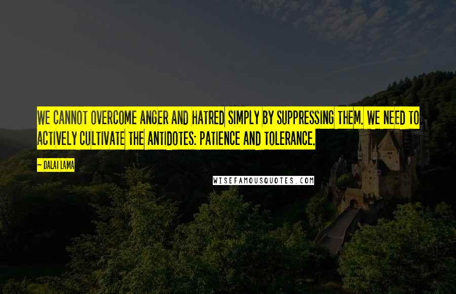 Dalai Lama Quotes: We cannot overcome anger and hatred simply by suppressing them. We need to actively cultivate the antidotes: patience and tolerance.