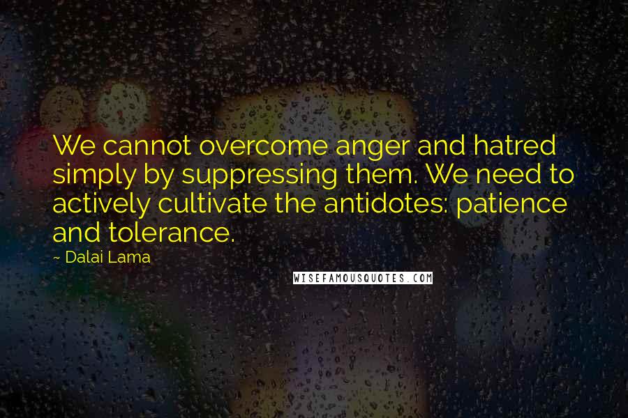 Dalai Lama Quotes: We cannot overcome anger and hatred simply by suppressing them. We need to actively cultivate the antidotes: patience and tolerance.