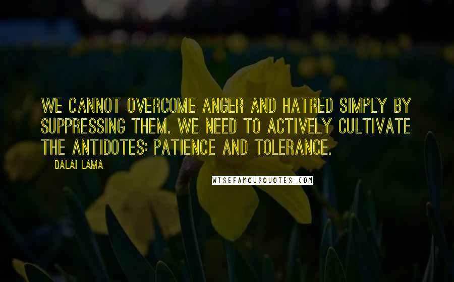 Dalai Lama Quotes: We cannot overcome anger and hatred simply by suppressing them. We need to actively cultivate the antidotes: patience and tolerance.