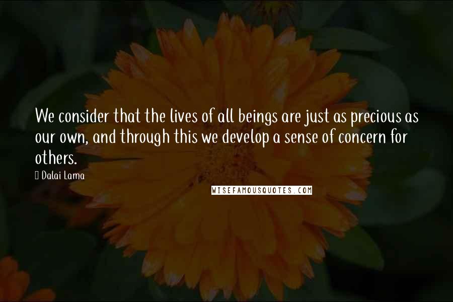 Dalai Lama Quotes: We consider that the lives of all beings are just as precious as our own, and through this we develop a sense of concern for others.