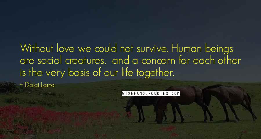 Dalai Lama Quotes: Without love we could not survive. Human beings are social creatures, and a concern for each other is the very basis of our life together.