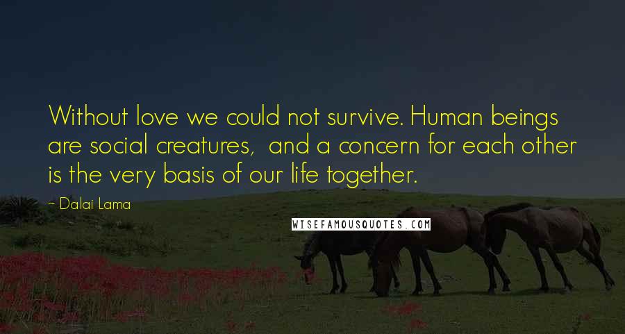 Dalai Lama Quotes: Without love we could not survive. Human beings are social creatures,  and a concern for each other is the very basis of our life together.