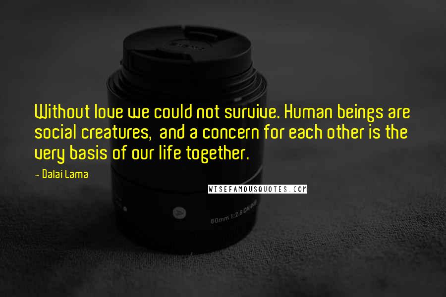 Dalai Lama Quotes: Without love we could not survive. Human beings are social creatures, and a concern for each other is the very basis of our life together.