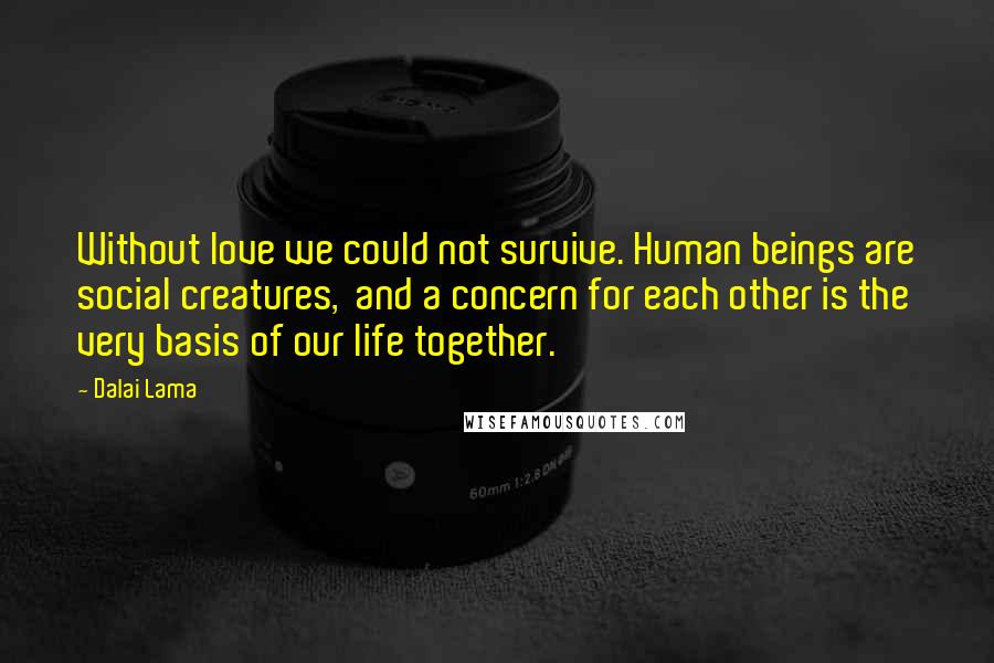 Dalai Lama Quotes: Without love we could not survive. Human beings are social creatures,  and a concern for each other is the very basis of our life together.