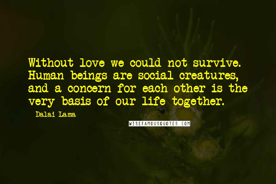 Dalai Lama Quotes: Without love we could not survive. Human beings are social creatures, and a concern for each other is the very basis of our life together.
