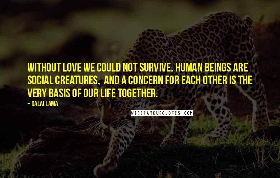 Dalai Lama Quotes: Without love we could not survive. Human beings are social creatures, and a concern for each other is the very basis of our life together.