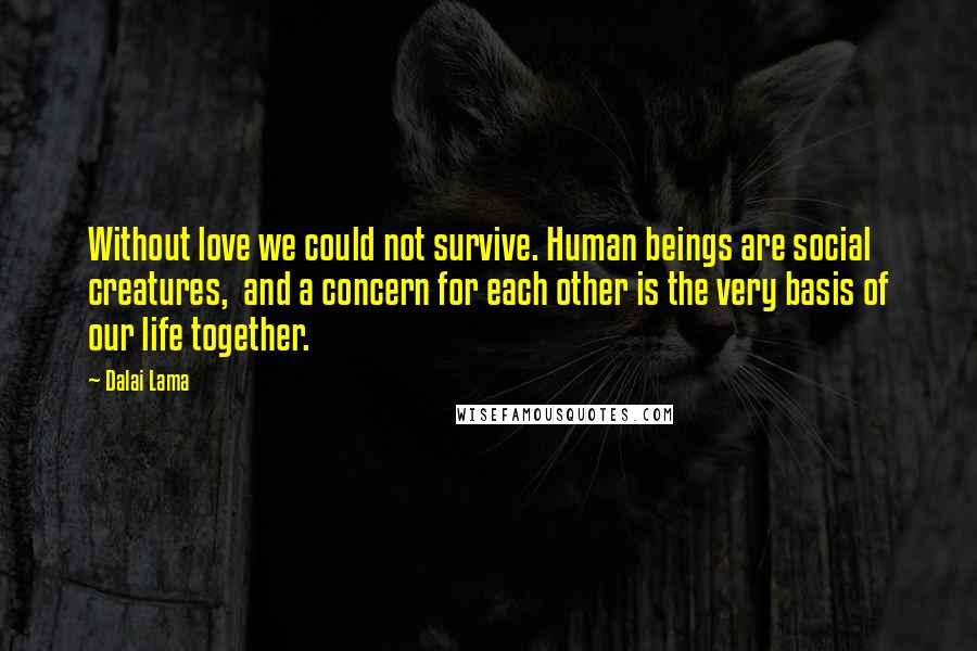 Dalai Lama Quotes: Without love we could not survive. Human beings are social creatures,  and a concern for each other is the very basis of our life together.