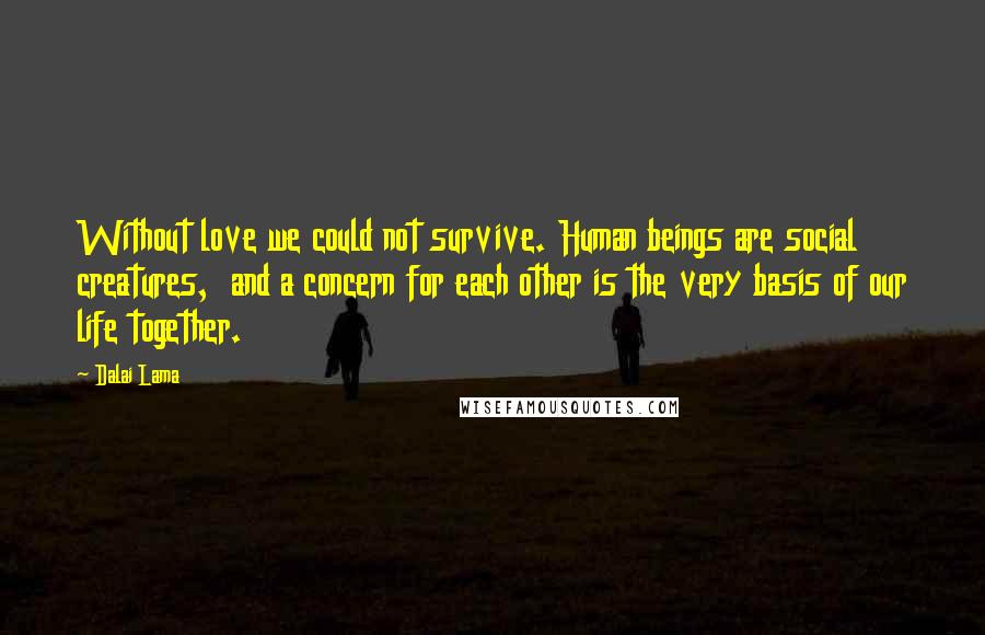 Dalai Lama Quotes: Without love we could not survive. Human beings are social creatures, and a concern for each other is the very basis of our life together.