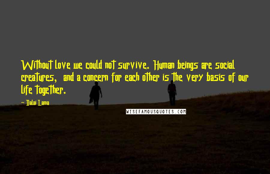 Dalai Lama Quotes: Without love we could not survive. Human beings are social creatures,  and a concern for each other is the very basis of our life together.