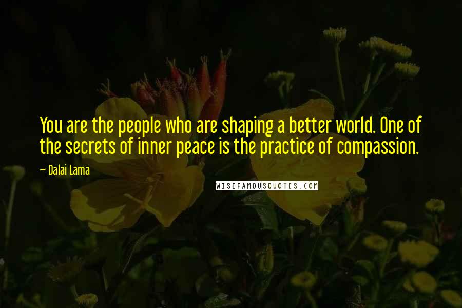 Dalai Lama Quotes: You are the people who are shaping a better world. One of the secrets of inner peace is the practice of compassion.