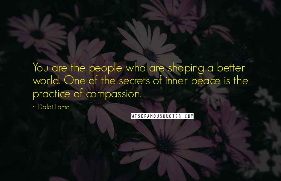 Dalai Lama Quotes: You are the people who are shaping a better world. One of the secrets of inner peace is the practice of compassion.