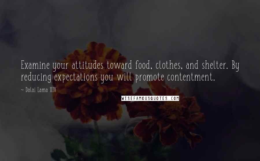 Dalai Lama XIV Quotes: Examine your attitudes toward food, clothes, and shelter. By reducing expectations you will promote contentment.