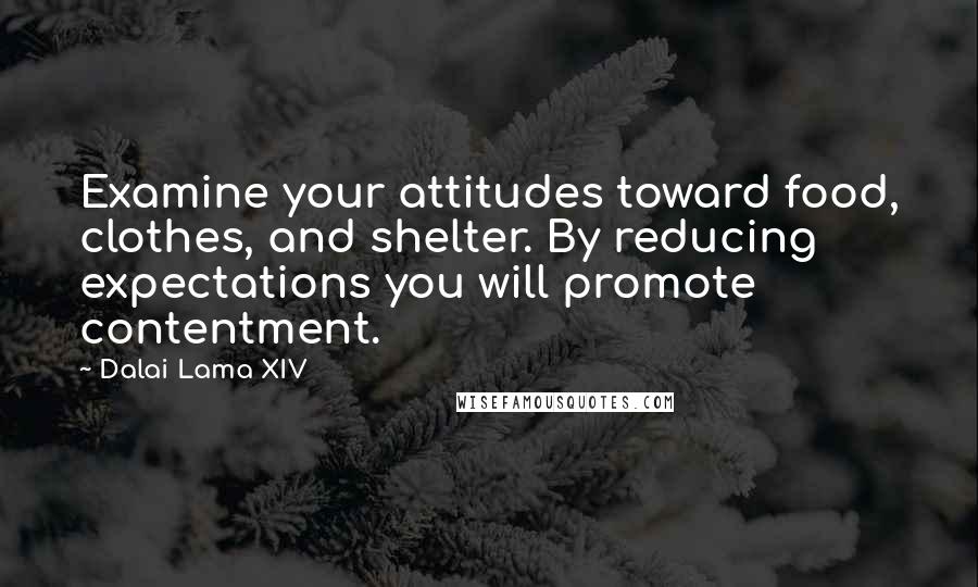 Dalai Lama XIV Quotes: Examine your attitudes toward food, clothes, and shelter. By reducing expectations you will promote contentment.