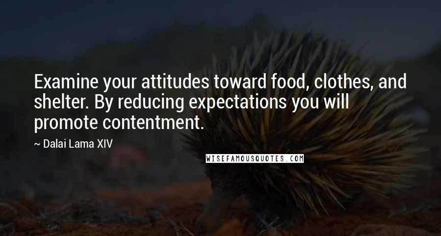Dalai Lama XIV Quotes: Examine your attitudes toward food, clothes, and shelter. By reducing expectations you will promote contentment.