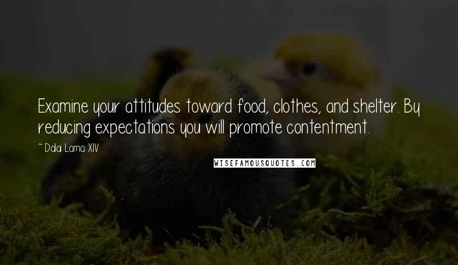 Dalai Lama XIV Quotes: Examine your attitudes toward food, clothes, and shelter. By reducing expectations you will promote contentment.