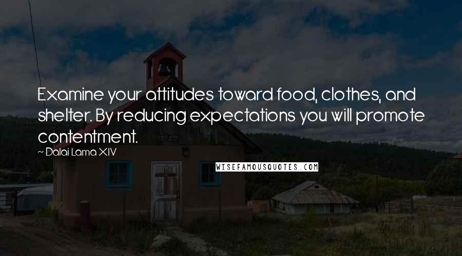 Dalai Lama XIV Quotes: Examine your attitudes toward food, clothes, and shelter. By reducing expectations you will promote contentment.