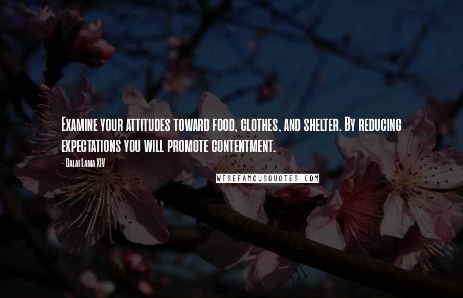 Dalai Lama XIV Quotes: Examine your attitudes toward food, clothes, and shelter. By reducing expectations you will promote contentment.