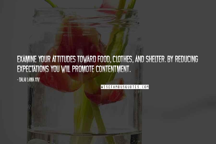 Dalai Lama XIV Quotes: Examine your attitudes toward food, clothes, and shelter. By reducing expectations you will promote contentment.