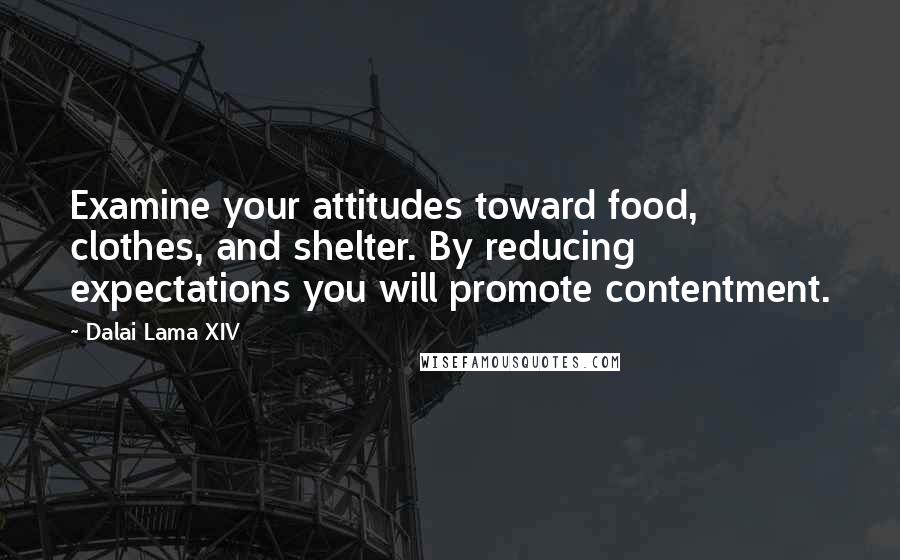 Dalai Lama XIV Quotes: Examine your attitudes toward food, clothes, and shelter. By reducing expectations you will promote contentment.