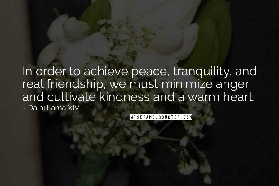 Dalai Lama XIV Quotes: In order to achieve peace, tranquility, and real friendship, we must minimize anger and cultivate kindness and a warm heart.