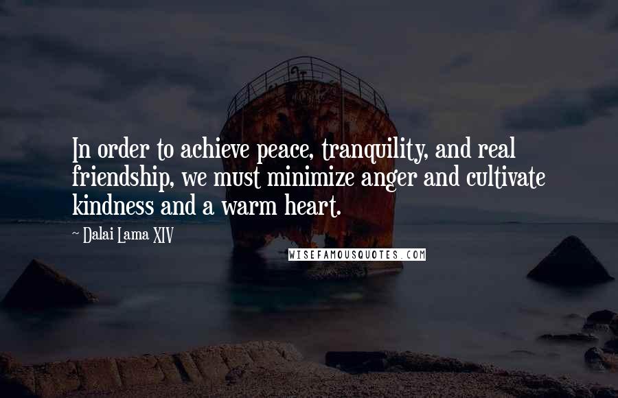 Dalai Lama XIV Quotes: In order to achieve peace, tranquility, and real friendship, we must minimize anger and cultivate kindness and a warm heart.