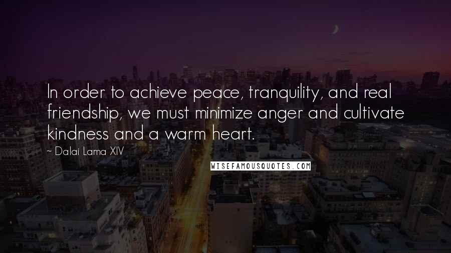 Dalai Lama XIV Quotes: In order to achieve peace, tranquility, and real friendship, we must minimize anger and cultivate kindness and a warm heart.