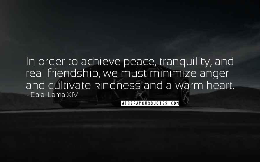 Dalai Lama XIV Quotes: In order to achieve peace, tranquility, and real friendship, we must minimize anger and cultivate kindness and a warm heart.