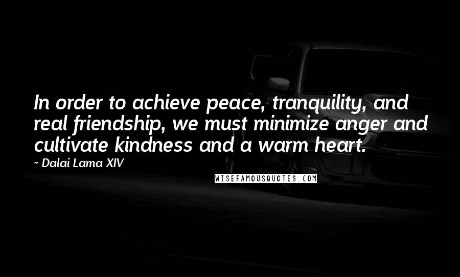 Dalai Lama XIV Quotes: In order to achieve peace, tranquility, and real friendship, we must minimize anger and cultivate kindness and a warm heart.