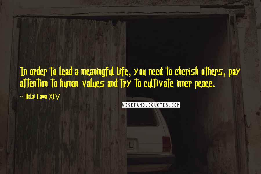 Dalai Lama XIV Quotes: In order to lead a meaningful life, you need to cherish others, pay attention to human values and try to cultivate inner peace.