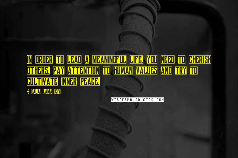 Dalai Lama XIV Quotes: In order to lead a meaningful life, you need to cherish others, pay attention to human values and try to cultivate inner peace.