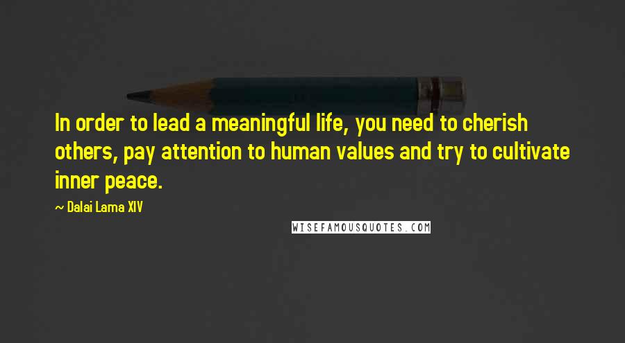 Dalai Lama XIV Quotes: In order to lead a meaningful life, you need to cherish others, pay attention to human values and try to cultivate inner peace.