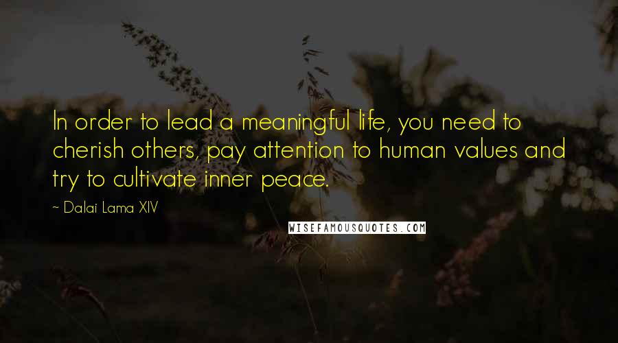 Dalai Lama XIV Quotes: In order to lead a meaningful life, you need to cherish others, pay attention to human values and try to cultivate inner peace.