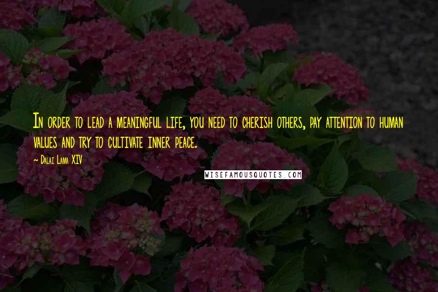 Dalai Lama XIV Quotes: In order to lead a meaningful life, you need to cherish others, pay attention to human values and try to cultivate inner peace.