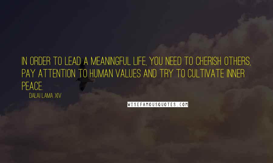 Dalai Lama XIV Quotes: In order to lead a meaningful life, you need to cherish others, pay attention to human values and try to cultivate inner peace.