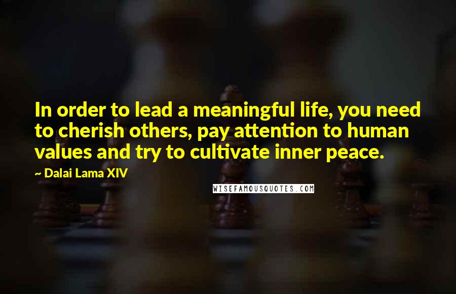 Dalai Lama XIV Quotes: In order to lead a meaningful life, you need to cherish others, pay attention to human values and try to cultivate inner peace.