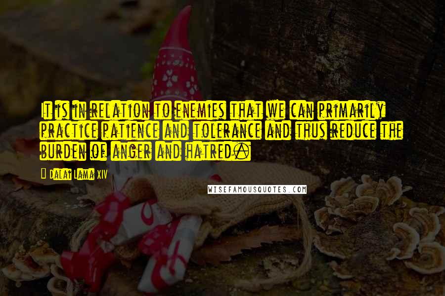 Dalai Lama XIV Quotes: It is in relation to enemies that we can primarily practice patience and tolerance and thus reduce the burden of anger and hatred.