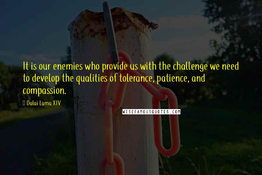 Dalai Lama XIV Quotes: It is our enemies who provide us with the challenge we need to develop the qualities of tolerance, patience, and compassion.