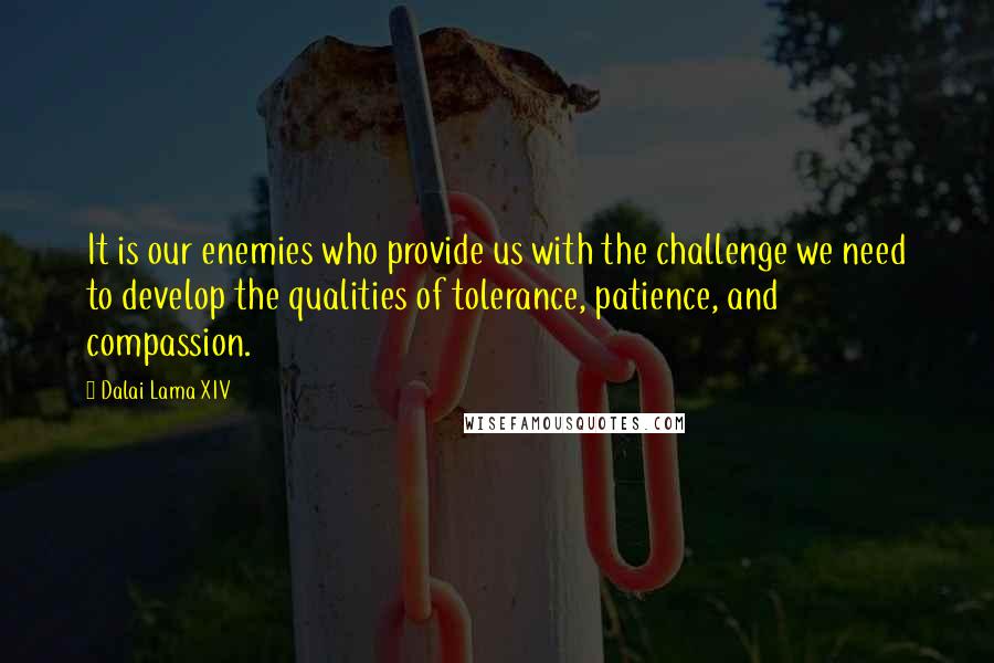 Dalai Lama XIV Quotes: It is our enemies who provide us with the challenge we need to develop the qualities of tolerance, patience, and compassion.