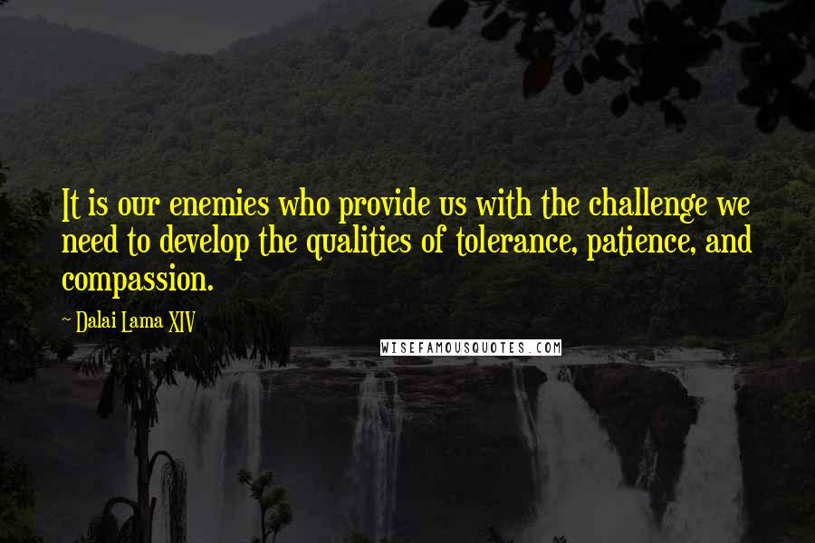 Dalai Lama XIV Quotes: It is our enemies who provide us with the challenge we need to develop the qualities of tolerance, patience, and compassion.