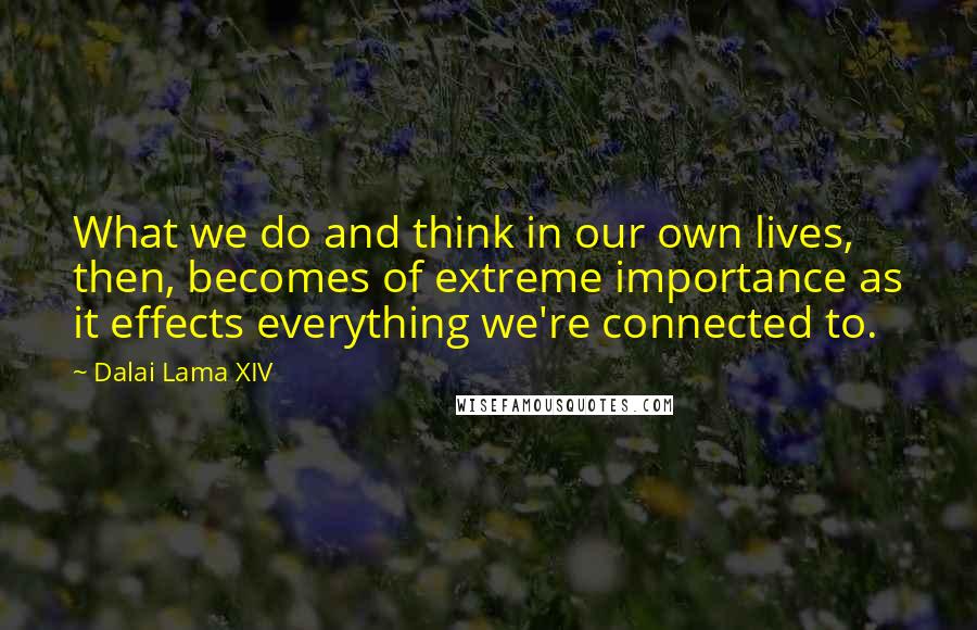 Dalai Lama XIV Quotes: What we do and think in our own lives, then, becomes of extreme importance as it effects everything we're connected to.