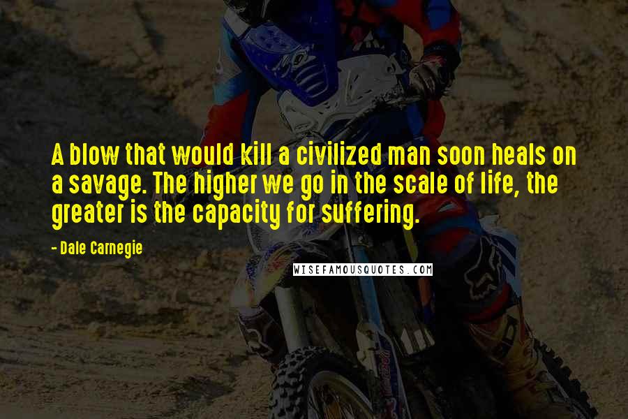 Dale Carnegie Quotes: A blow that would kill a civilized man soon heals on a savage. The higher we go in the scale of life, the greater is the capacity for suffering.