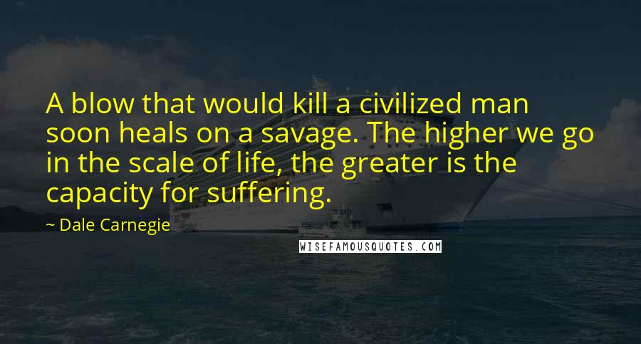 Dale Carnegie Quotes: A blow that would kill a civilized man soon heals on a savage. The higher we go in the scale of life, the greater is the capacity for suffering.