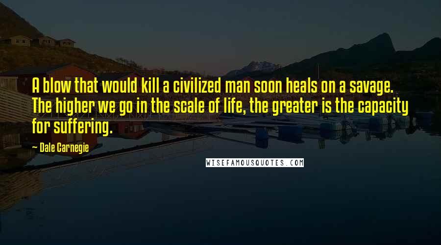 Dale Carnegie Quotes: A blow that would kill a civilized man soon heals on a savage. The higher we go in the scale of life, the greater is the capacity for suffering.