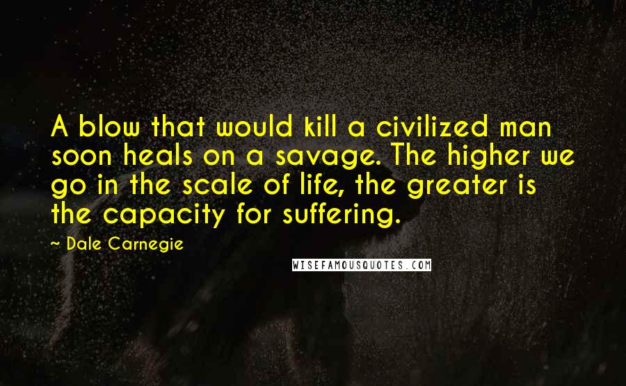 Dale Carnegie Quotes: A blow that would kill a civilized man soon heals on a savage. The higher we go in the scale of life, the greater is the capacity for suffering.